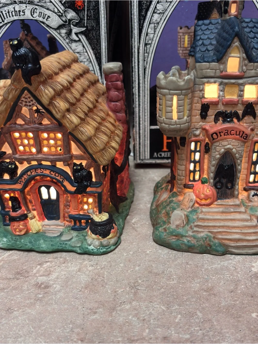2-VTG Creepy Hollow Witches Cove&Draculas Castle Lighted Halloween House Midwest